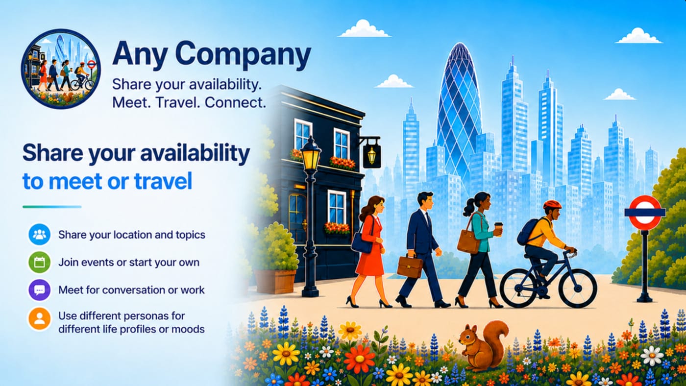 Any.Company app features: share your location and topics, join events or start your own, meet for conversation or work, use different personas for different life profiles or moods