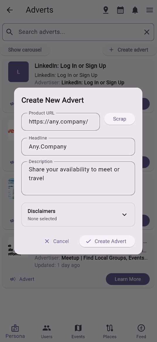 Event adverts panel